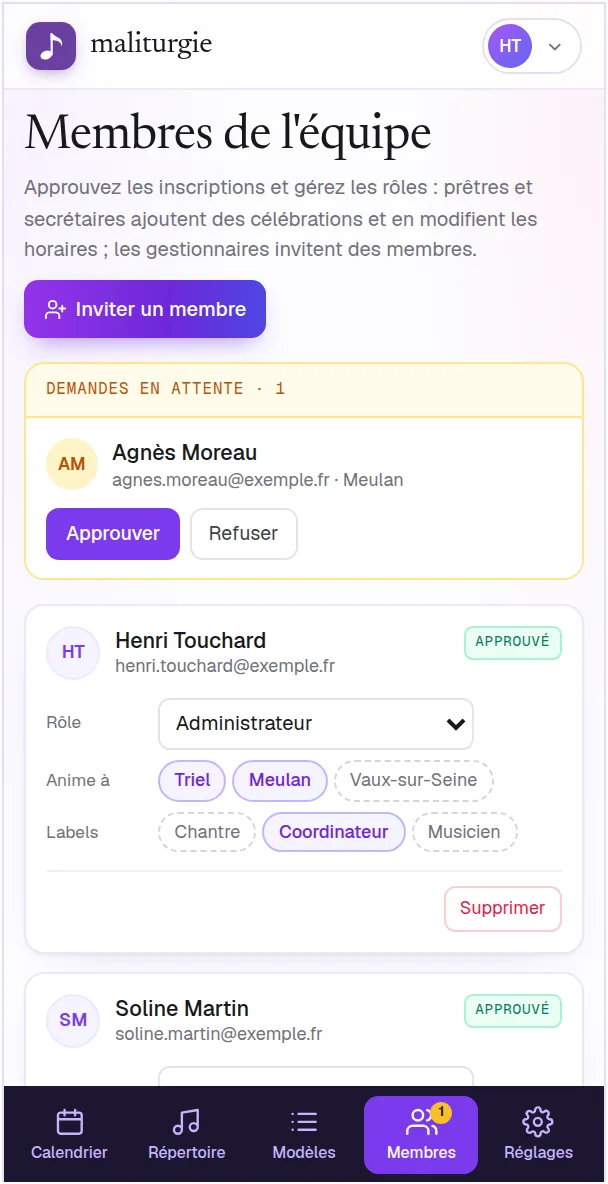 Membres de l’équipe avec leurs rôles