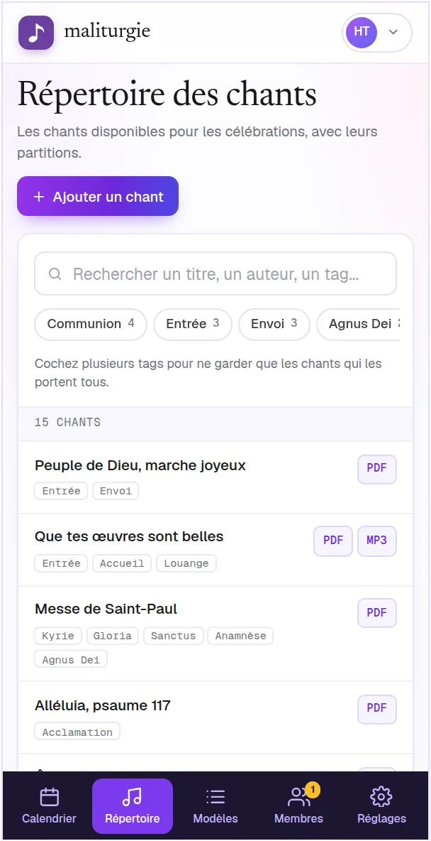 Répertoire des chants avec leurs étiquettes